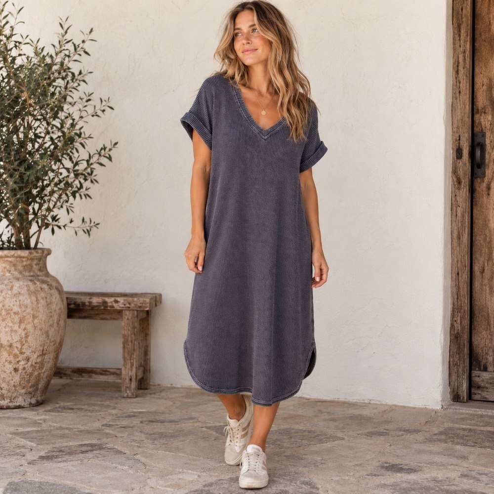 Umgee Waffle Knit Dress Size Large Navy Blue Fall Bohemian Lagenlook Neutral
